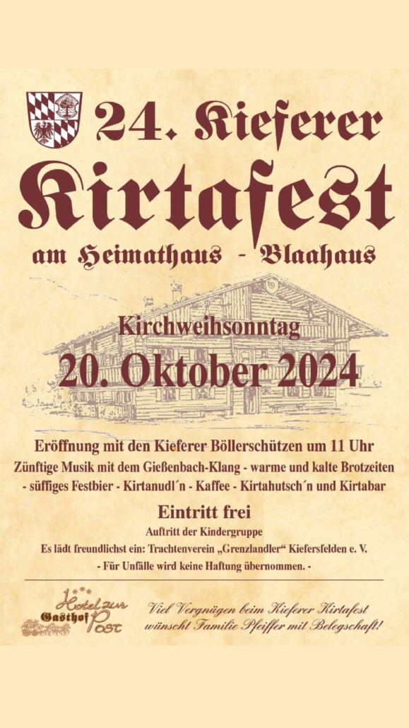 Kirchweihsonntag 20. Oktober Eröffnung mit den Kieferer Böllerschützen um 11 Uhr Zünftige Musik mit dem Gießenbach-Klang - warme und kalte Brotzeiten - Festbier - Kirtanudeln - Kaffee - Kirtahuschn und Kirtabar - Eintritt frei - Auftritt der Kindergruppe 